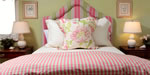 upholstered headboard, ruffled bed skirt and upholstered tight seat bench